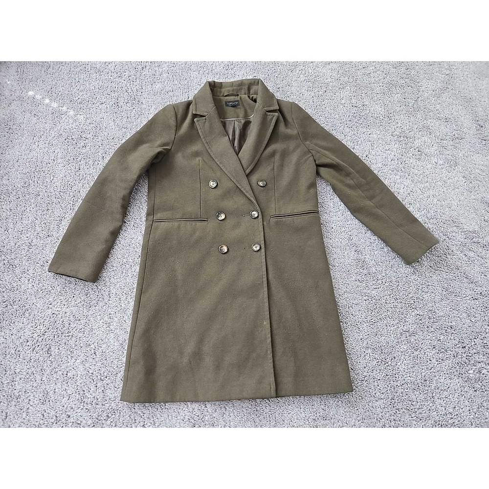 Topshop Trench Coat Jacket Womens 6 Green Double Breasted Lined Pockets